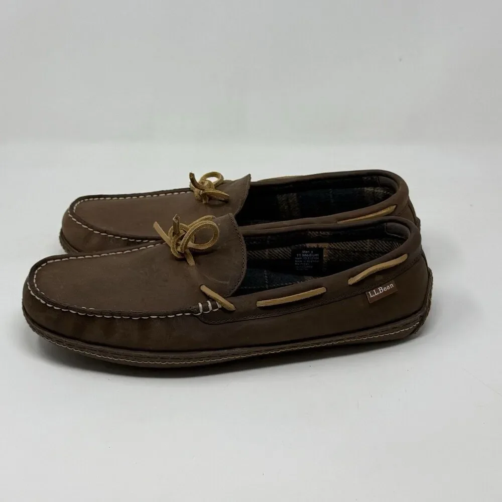 LL Bean Slippers Mens 11 M Brown Leather Flannel Lined Handsewn Moccasin Shoes